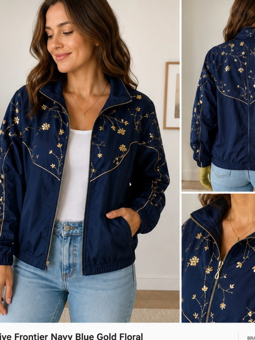 Active Frontier Navy Blue Gold Floral Windbreaker Jacket Women’s Size Large